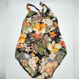 Vibtage Hawaiian Speedo Women’s  One Piece - Tropical Floral Black size L (E40)‎
